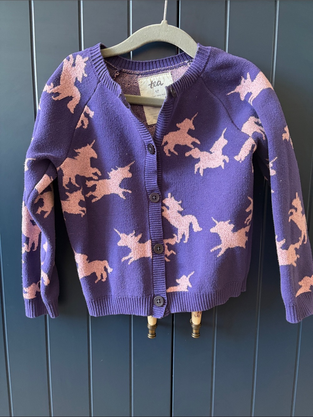 Tea Collection Purple Knit Cardigan with Pink Unicorns